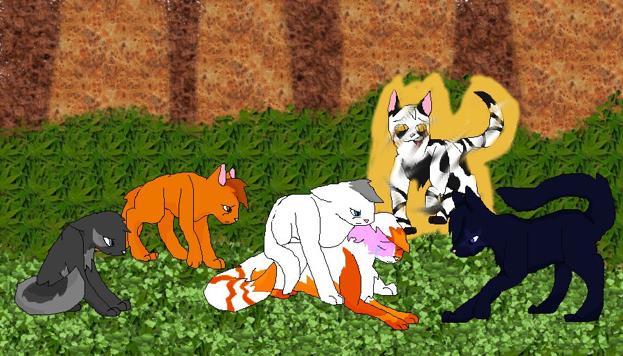 21329 - safe, artist:chatterfox, firestar (warrior cats), spottedleaf (warrior  cats), cat, feline, mammal, feral, warrior cats, bush, cloud, female,  flower, grass, holding, lavender, male, male/female, mouth hold, shipping,  sky, spottedfire (warrior cats)