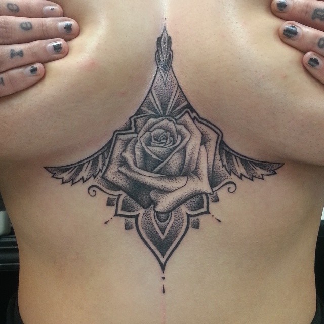 Pointillism Rose Sternum Tattoo