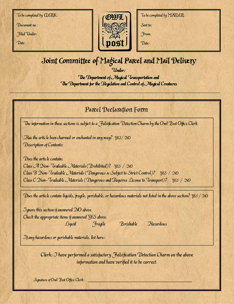 Owl Post - Parcel Declaration Form by PraeclarusWands on DeviantArt