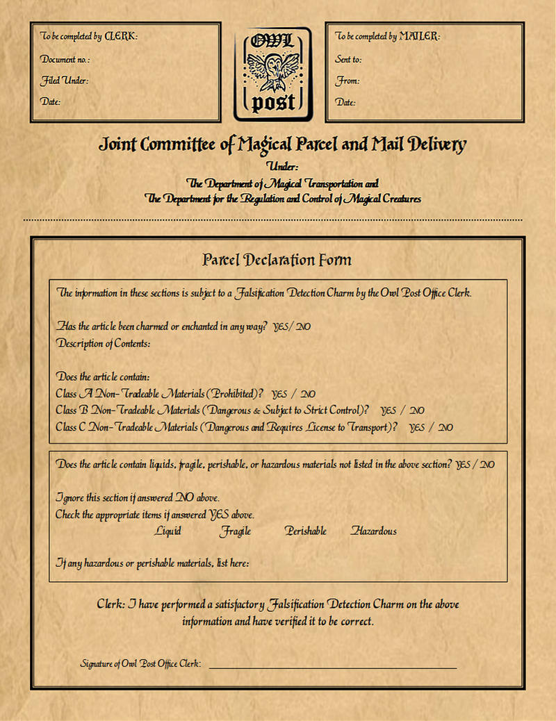 Owl Post Parcel Declaration Form By PraeclarusWands On DeviantArt