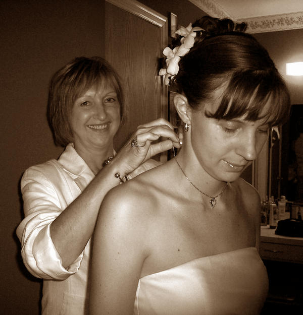e m wedding - with mom sepia