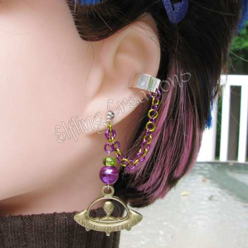 Purple and Green UFO Cartilage Chain Earring