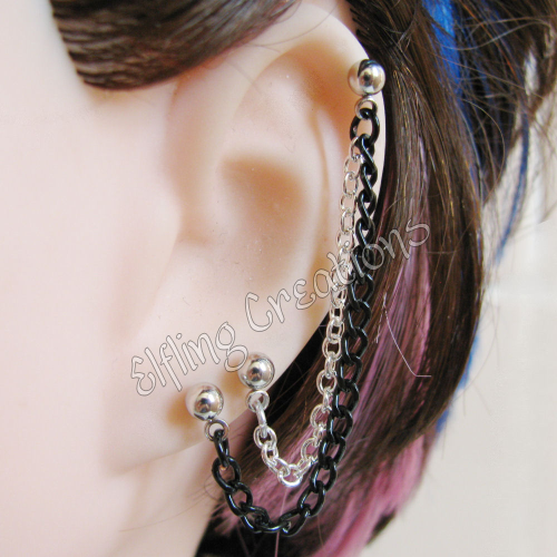 Silver and Black Double Chain Earring