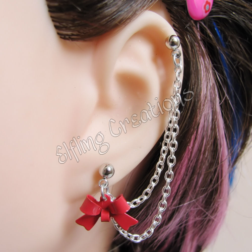 Red and Silver Bow Chain Earring