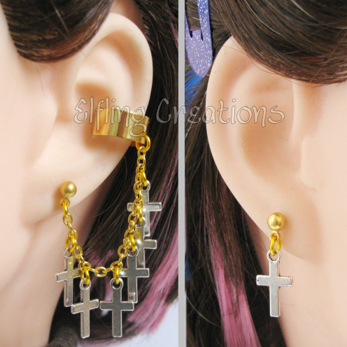 Gold and Silver Cross Cartilage Chain Earrings