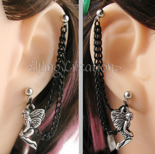 Silver and Black Fairy Connecting Chain Earrings