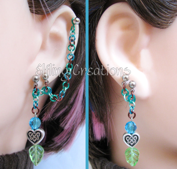 Blue, Brown, Green Leaf Cartilage Chain Earrings