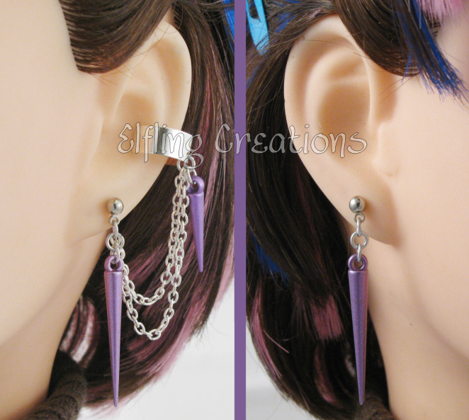 Purple and Silver Spike Cartilage Chain Earrings