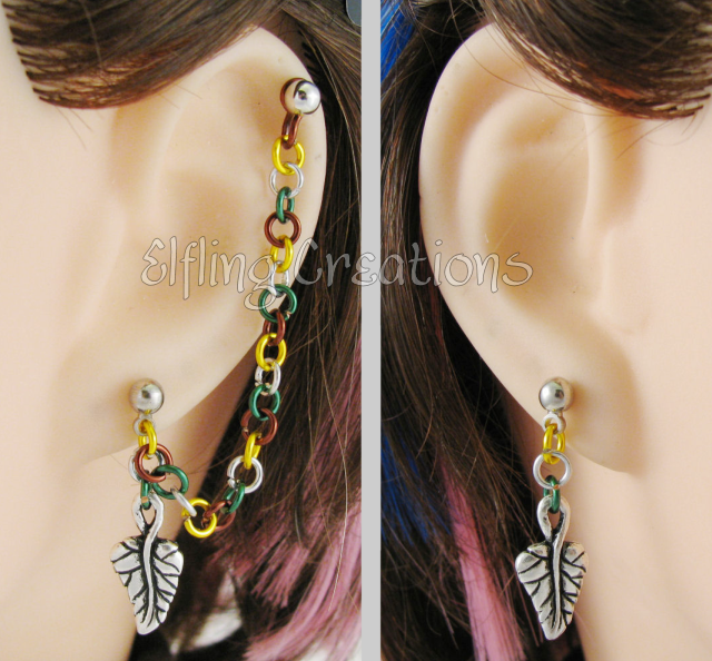 Leaf Cartilage Chain Earrings - 16 Gauge Barbells