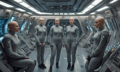 Bald women in grey jumpsuits enter stasis pods on 