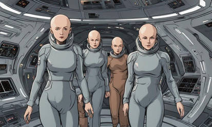 Bald women in grey jumpsuits enter stasis pods on 