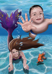 Mermaid and baby swimming