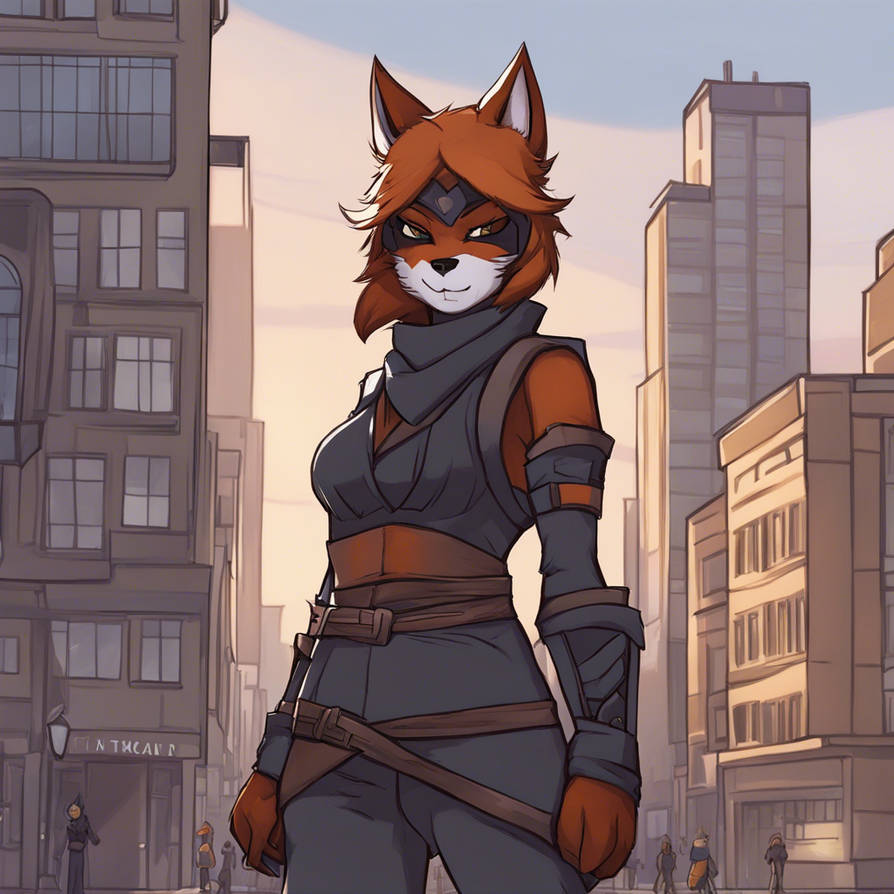 Female ninja werefox speaking through the city