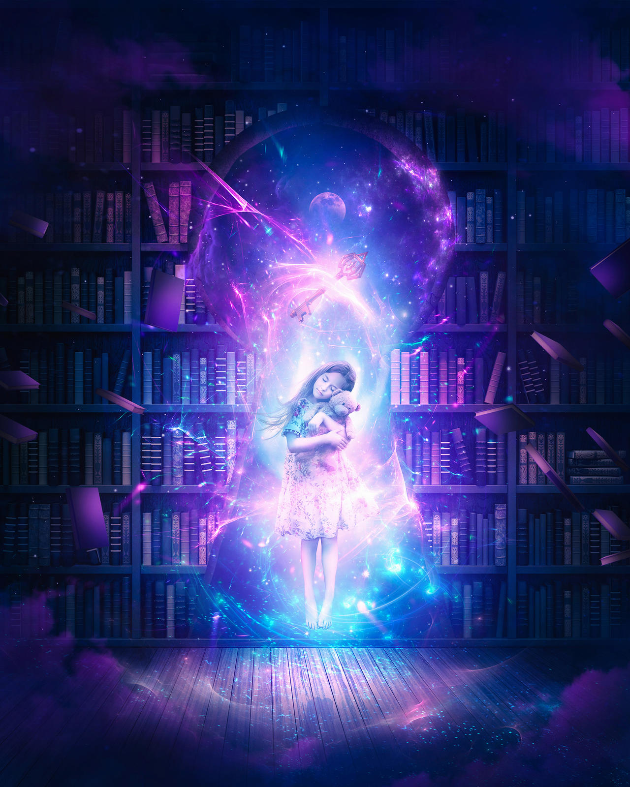 Girl floats glowing in cosmic library, symbolizing lucid dreams, vivid dreams, and how to lucid dream fast.