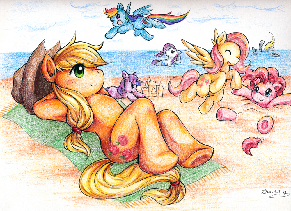 Applejack and Friends on the Beach by zettablob