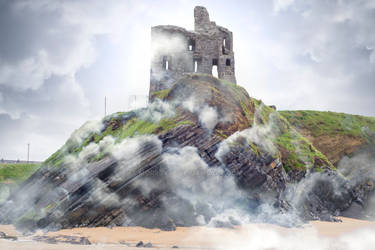 Ballybunion castle ruins in foggy mist