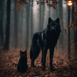 A wolf and a black cat in a spooky setting
