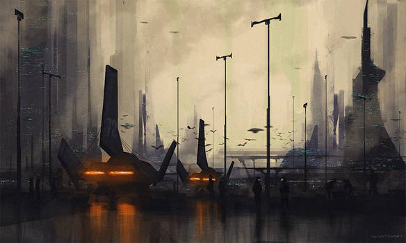 Dark futuristic airfield