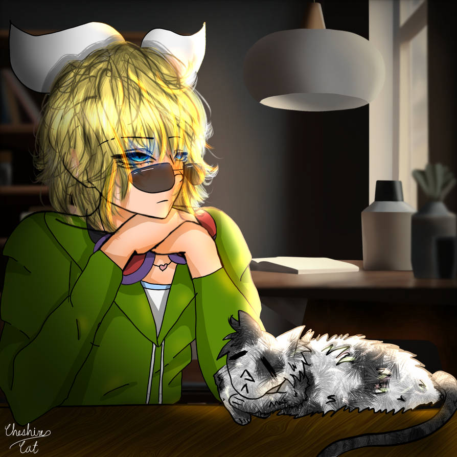 Drumsy fanart (moxi sitting at a table) by CheshireCatx200 on DeviantArt