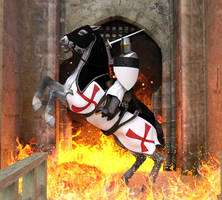 Templar On Rearing Horse Amid Fire