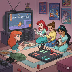 Disney Girls Video Game Night with kittens
