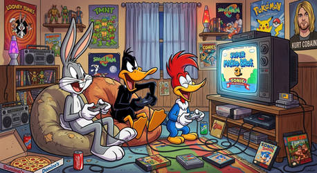 Bugs, Daffy and Woody play retro video games