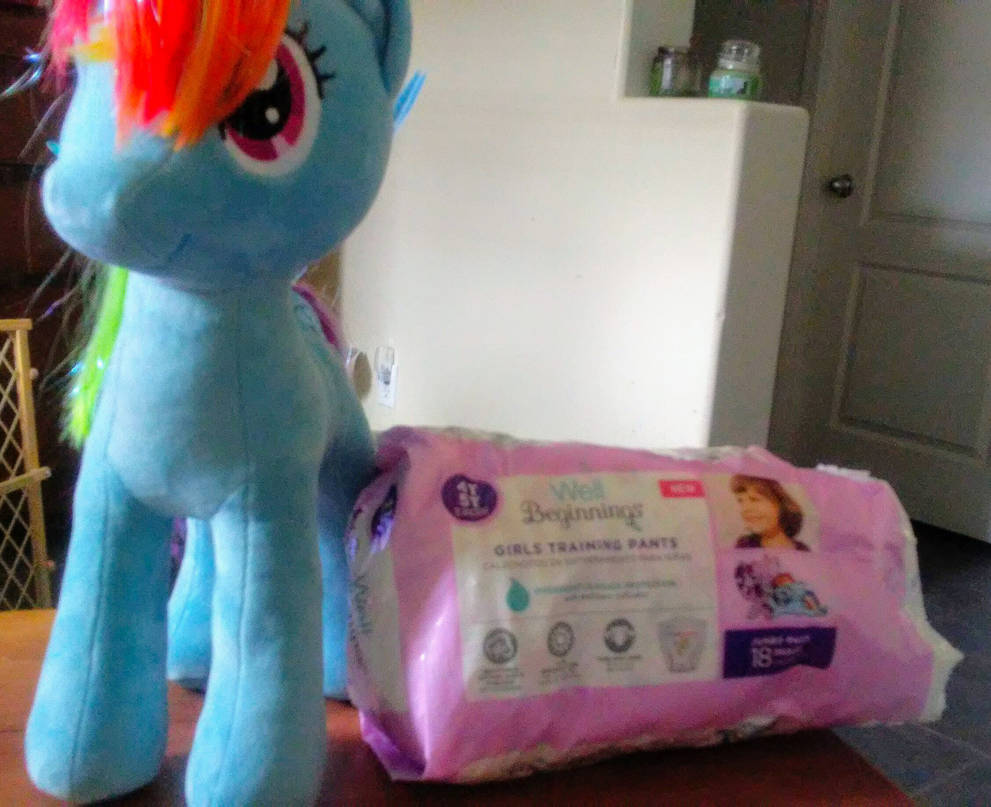 My Rainbow Dash plushie with MLP pull-ups by FluttershyFan77 on DeviantArt