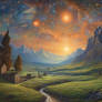 Fantasy landscape with psychedelic sky