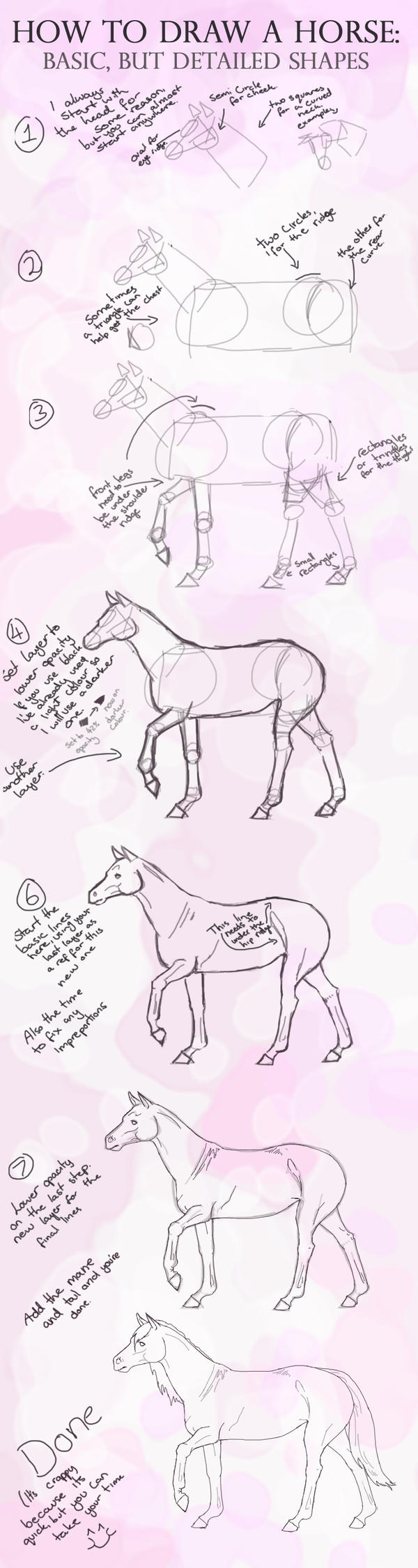 How to draw a horse: Basic shapes, detailed horse