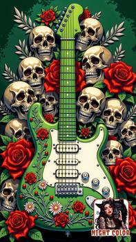 Night Color/ a green guitar and roses and skulls