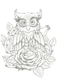 Cute Owl with Diamond and Rose Tattoo Design