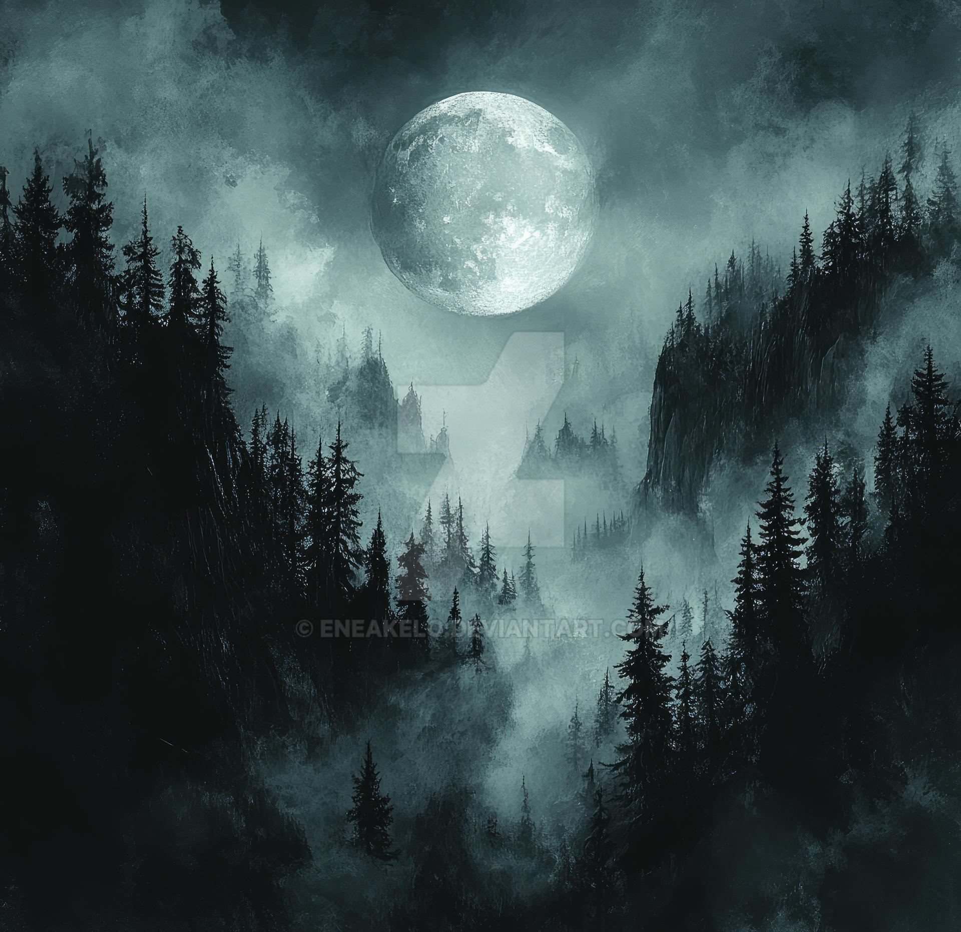 Moonlit Forest in Mist by eneakelo on DeviantArt