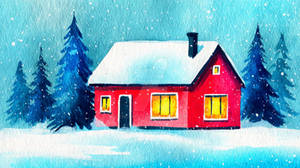Cozy Red Cabin in a Snowy Winter Landscape