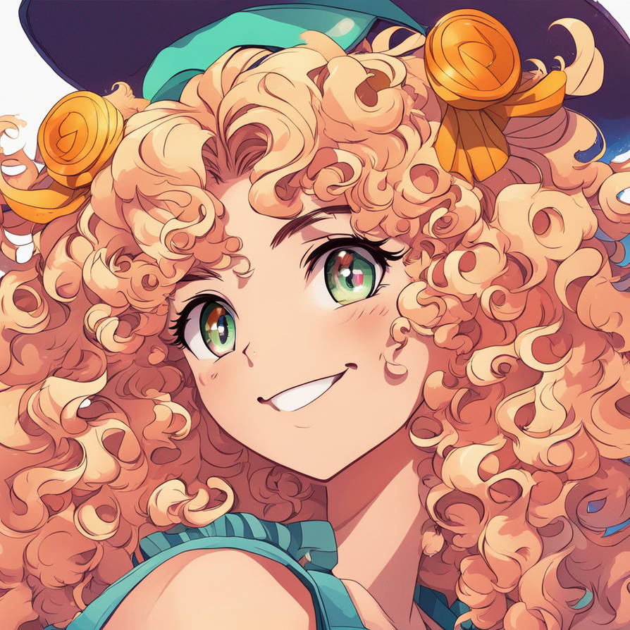Anime woman with curly hair smiling
