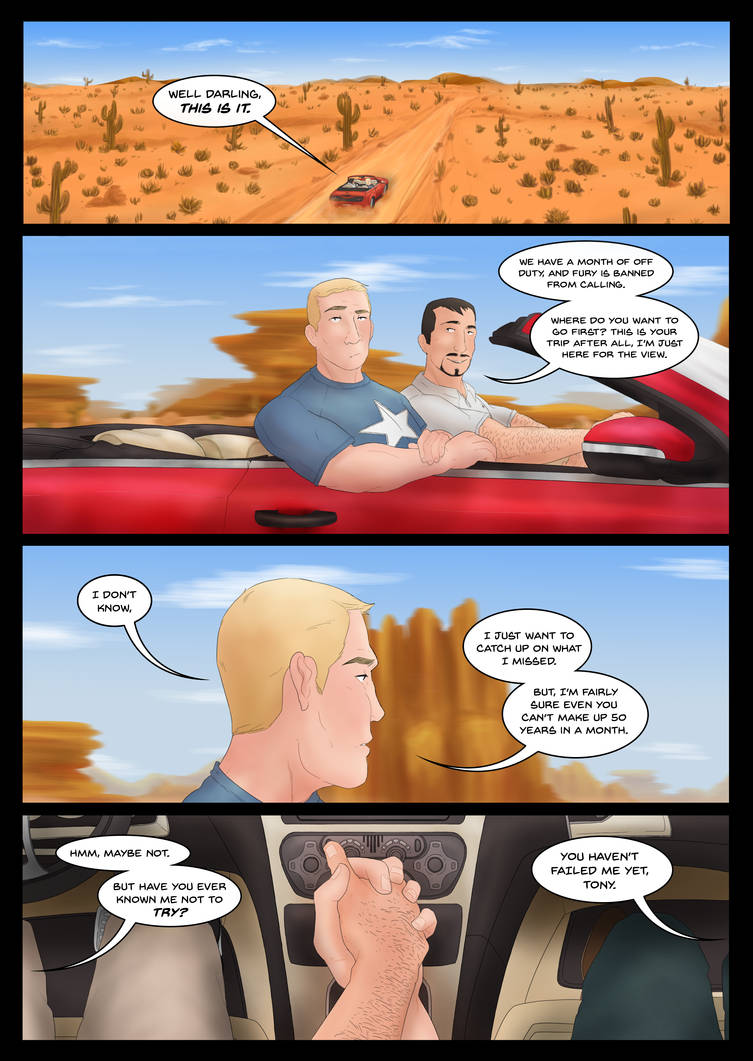 A comic centred around ults steve and tony taking a road trip together, steve looks conflicted and resigned, but tony is there to support him, and very literally hold his hand
