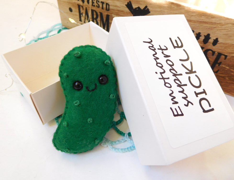 Felt emotional support pickle in a matchbox by ReiCreazioni on