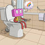 Rookie Robot pees on the toilet