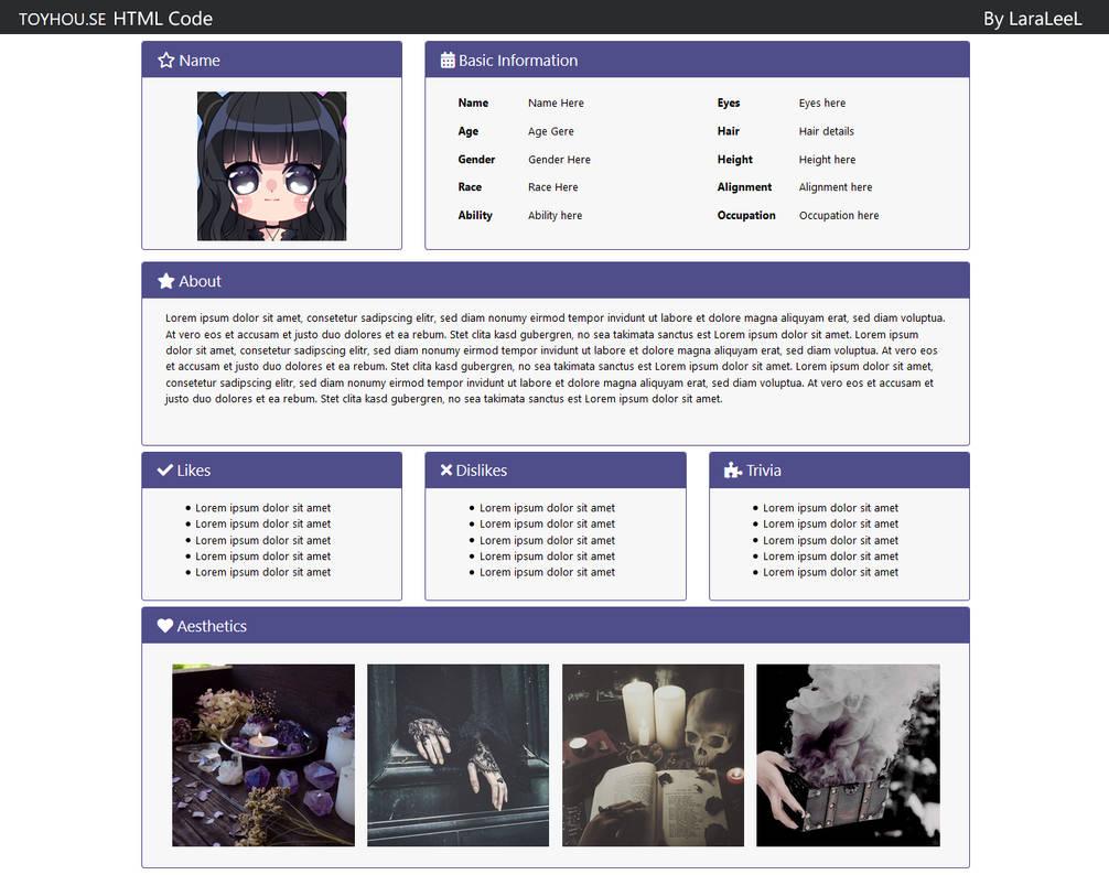 Toyhouse Profile Examples ToyHouse - Character Page Code 8 by LaraLeeL on DeviantArt