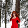girl in red in winter forest
