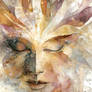 Abstract Sun Goddess Face with Flowing Rays