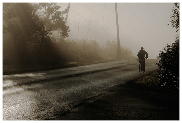 Biker on a misty morning