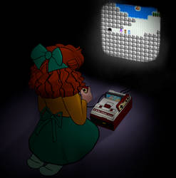 Naru playing Dragon Quest II in the dark