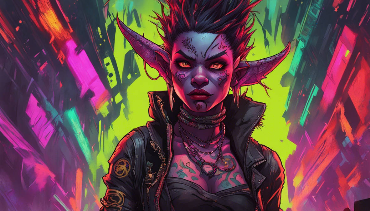 A fierce punk orc girl stands defiantly in a neon-