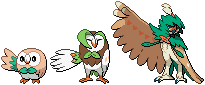 Rowlet, Dartrix, and Decidueye Sprites by conyjams