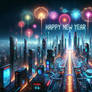 Happy New Year - Fireworks above Futuristic City