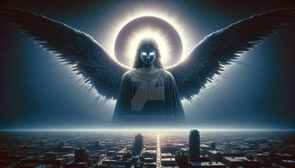 Visualize an oversized eerie angel eclipsing the