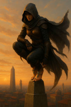 Rogue Atop Obelisk at Sunset