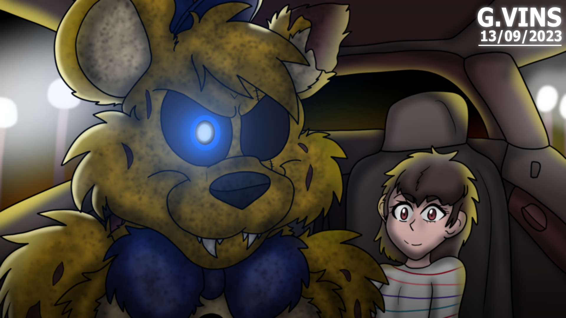 Golden Freddy in The Car (FNAF Movie Fanart) by mondewebcom on