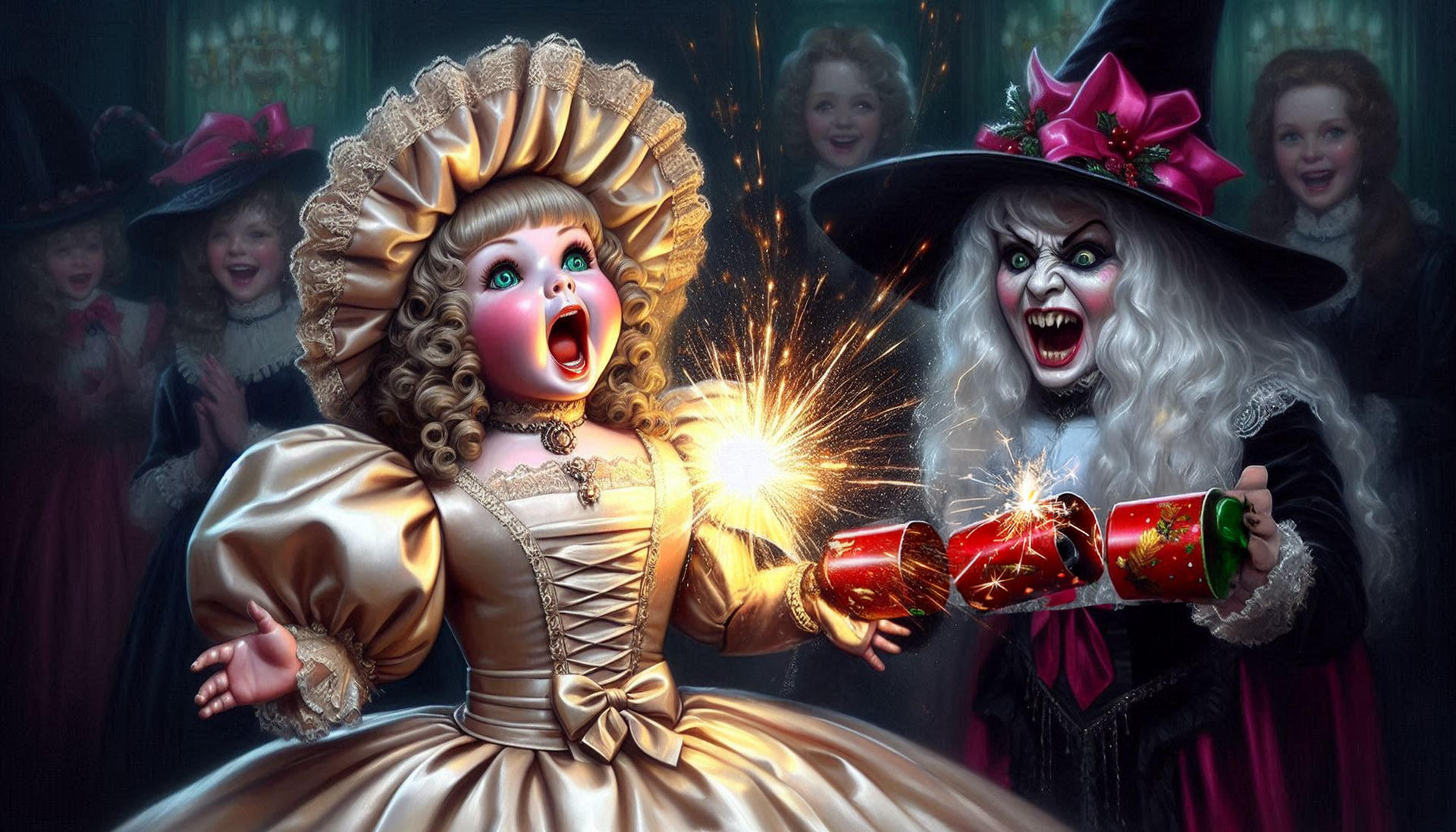 Pulling a cracker with the witch