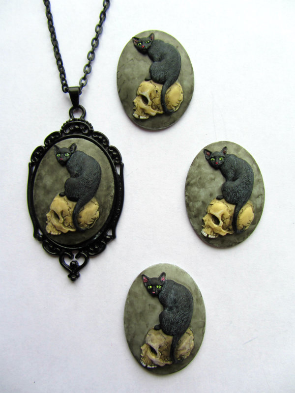 Hand Painted Black Cat Cameo Necklace